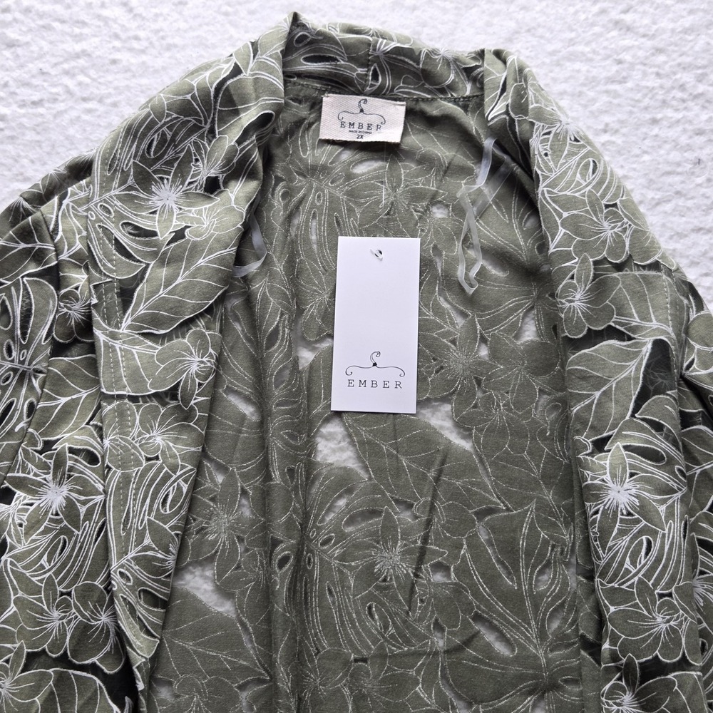 Ember Jacket Womens Plus 2X Green Floral Kimono Open Front Lightweight Boho